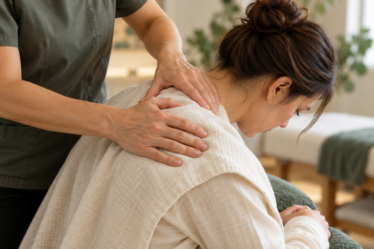 Hands-on remedial therapy with a comfortably draped client